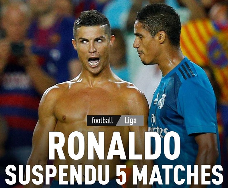 Cristiano Ronaldo suspendu cinq matches et une amende de 3805 €